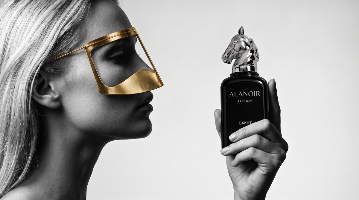 Alanoir campaign model wearing a gold Gulf-style face covering and holding Bakht perfume in a monochrome portrait.