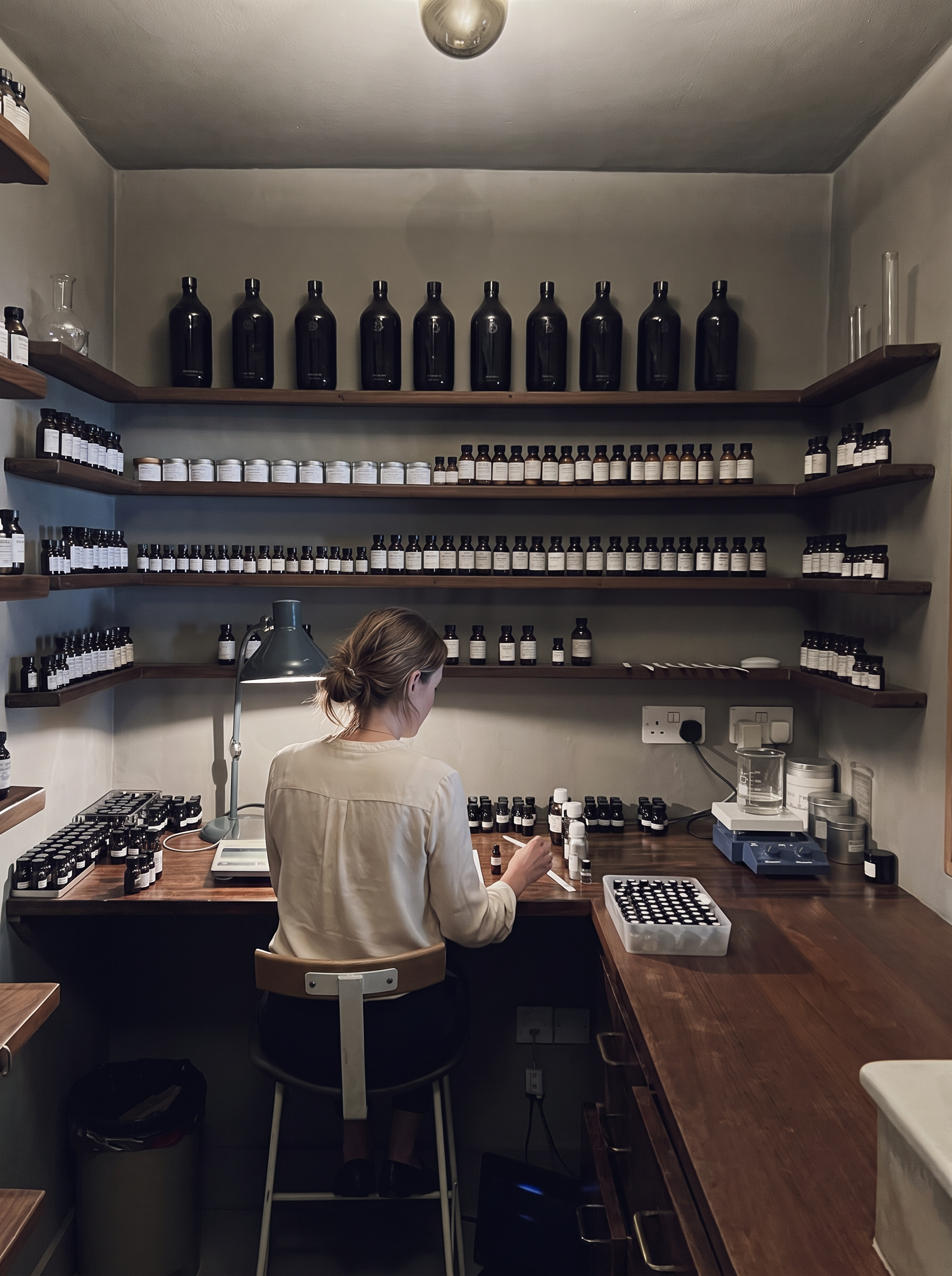 A woman seated facing away at a wooden perfumery desk beneath shelves of fragrance materials