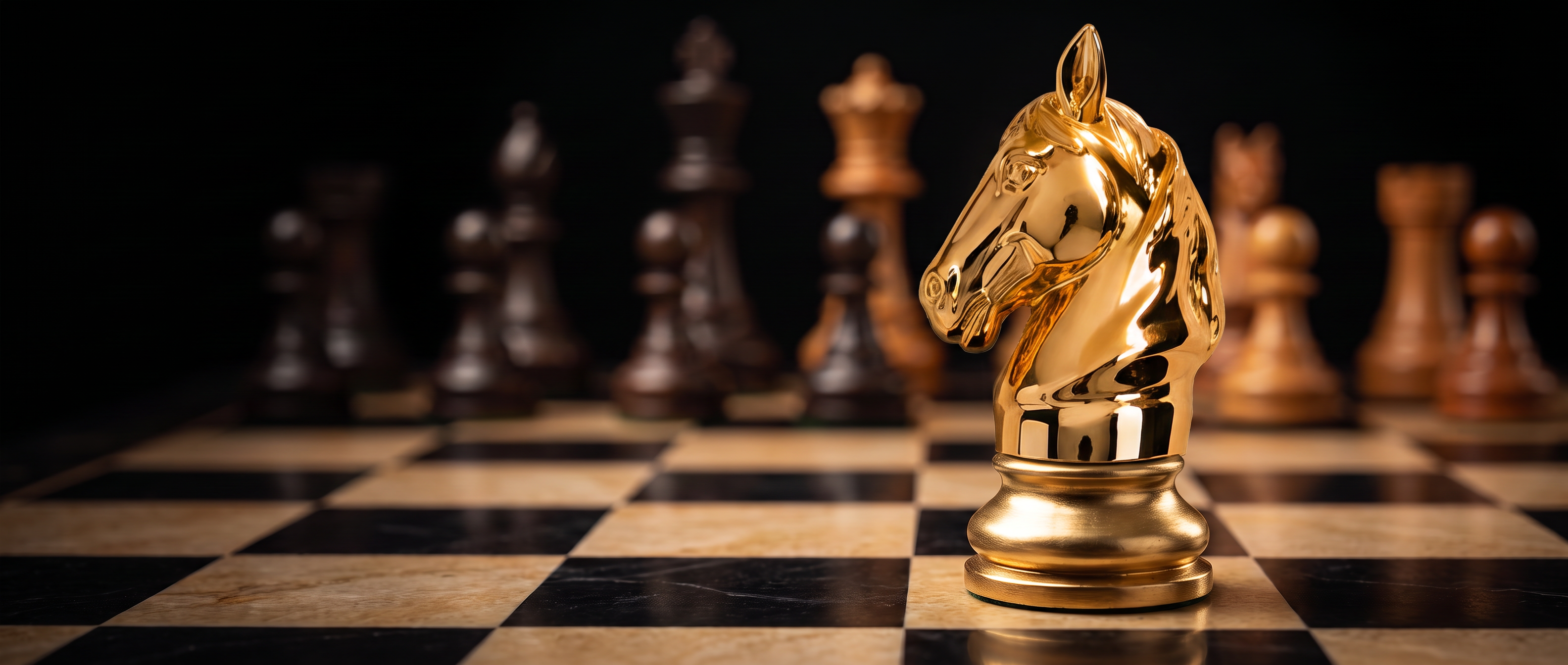 Gold horse-head knight in sharp focus on a chessboard with blurred pieces behind