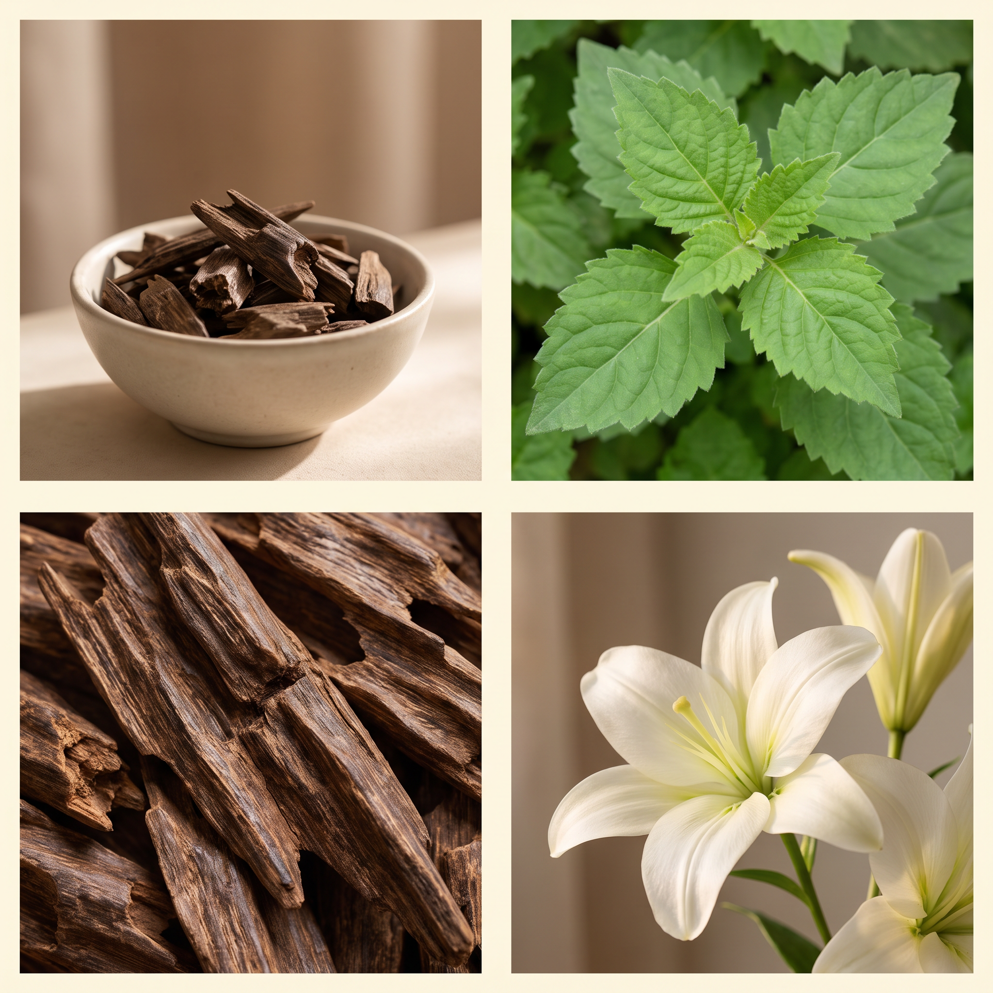 Four ingredient photographs: oud chips, patchouli leaves, agarwood and white lilies