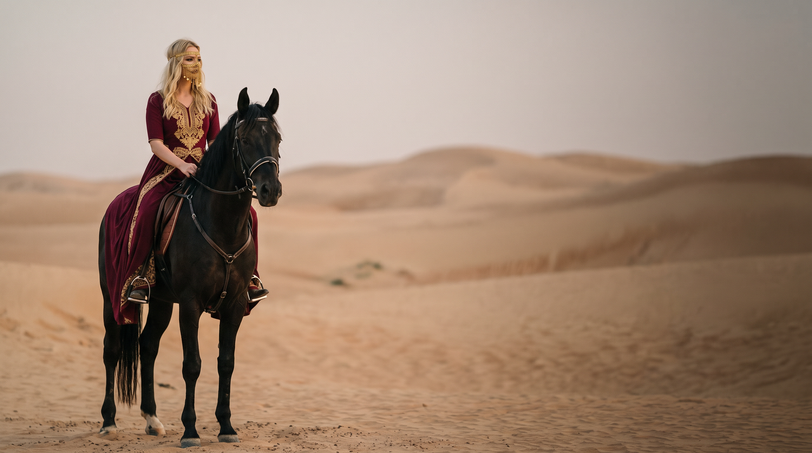 Side-gazing rider in a red and gold dress with a full black horse in the desert