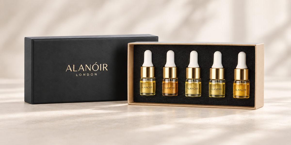 ALANÓIR LONDON discovery box with five oil droppers, gold collars and lettering directly on the glass.