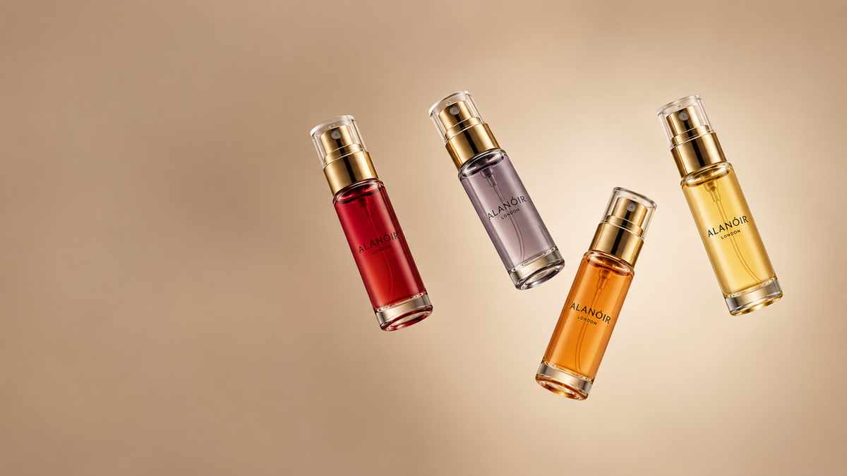 Four Alanoir perfume samples in ruby, violet, amber and gold.
