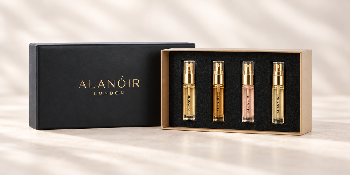 ALANÓIR LONDON discovery box with four 2 ml perfume sprays and gold fittings.