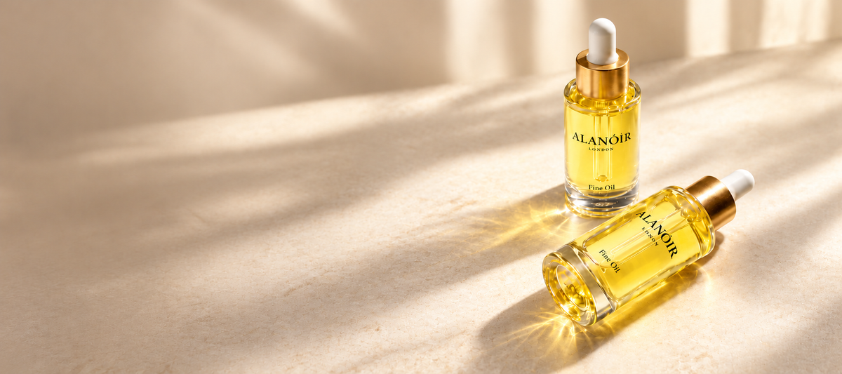 Two ALANÓIR LONDON Fine Oil bottles on a soft cream background.