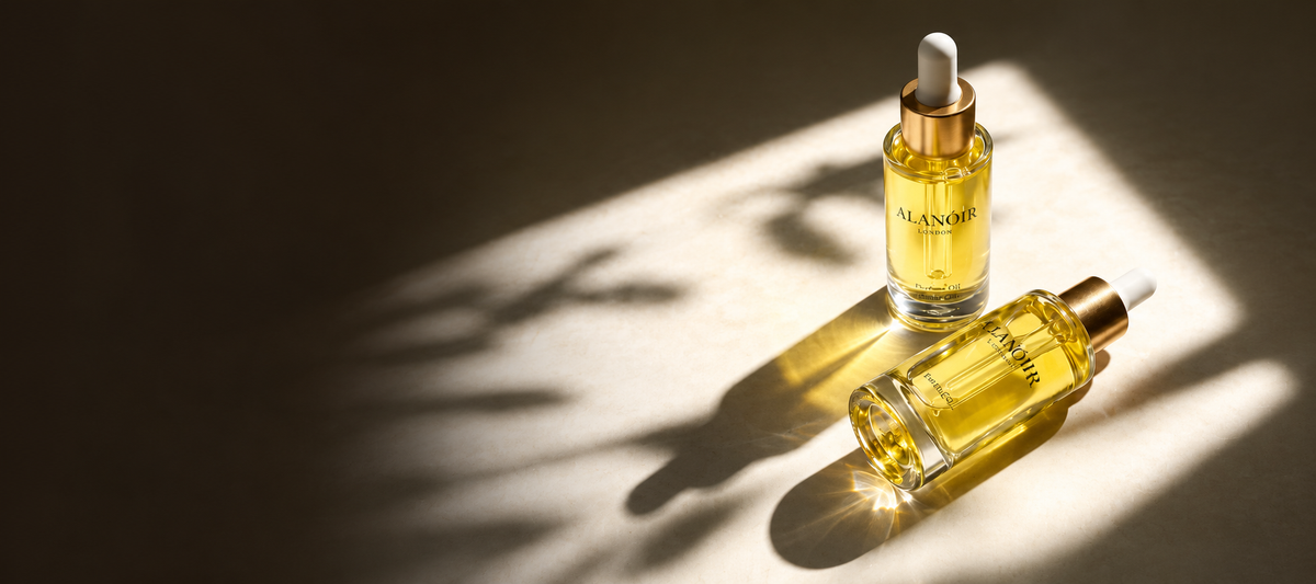 Two Alanoir London perfume oil bottles in warm sunlight.